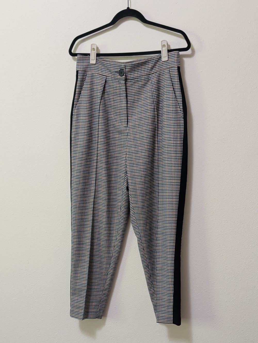 River Island Navy & Brown Houndstooth Side-Stripe Trousers